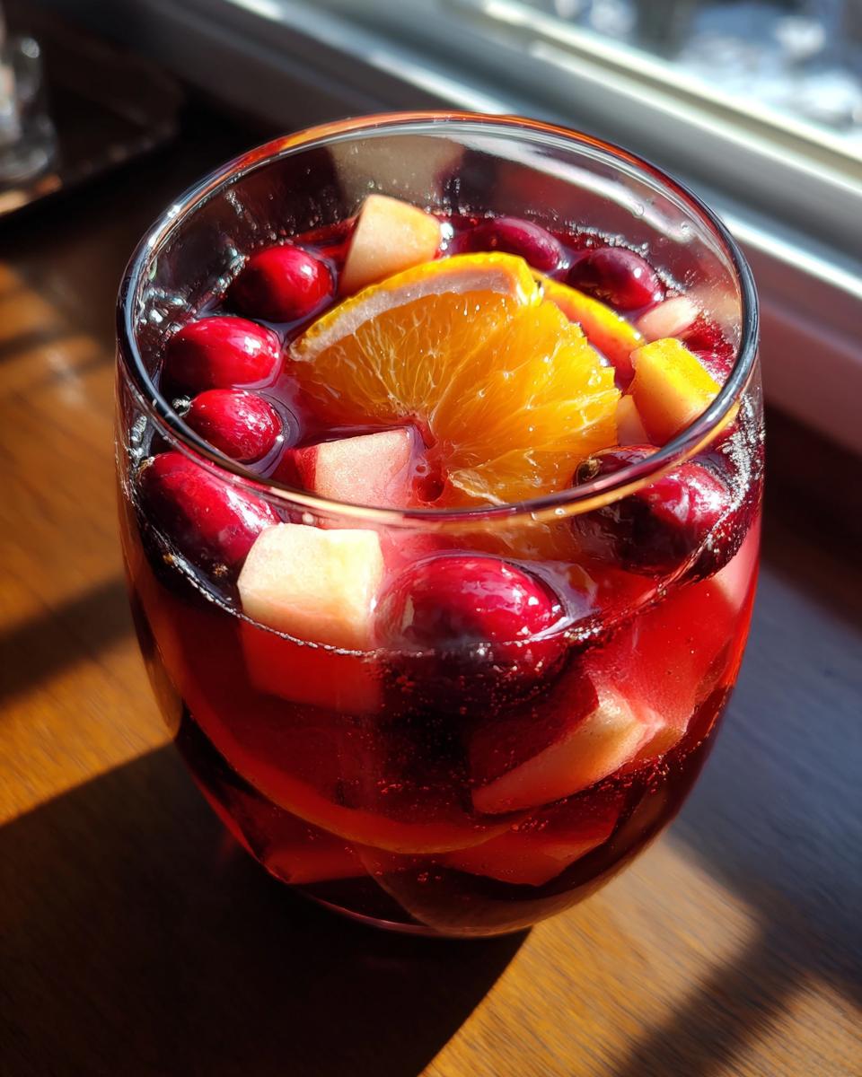 A close-up of a glass filled with vibrant red Christmas sangria, garnished with cranberries, apple chunks, and an orange slice.
