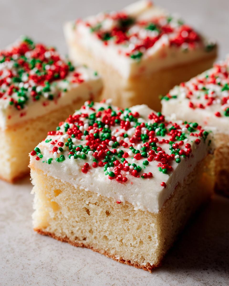 Close-up of thick, soft Christmas sugar cookie bars topped with white frosting and red and green sprinkles.
