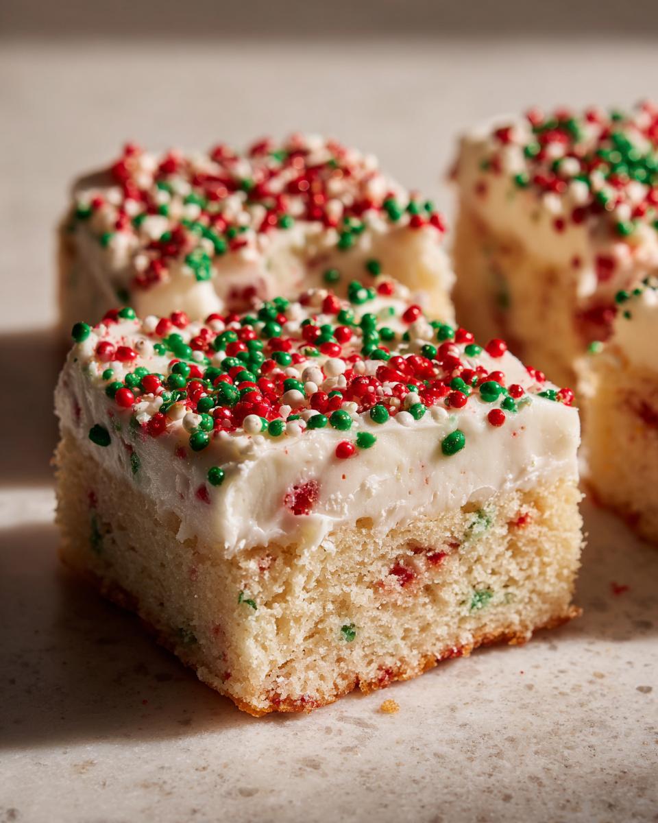 A square slice of moist Christmas sugar cookie bars topped with white frosting and red, green, and white sprinkles.