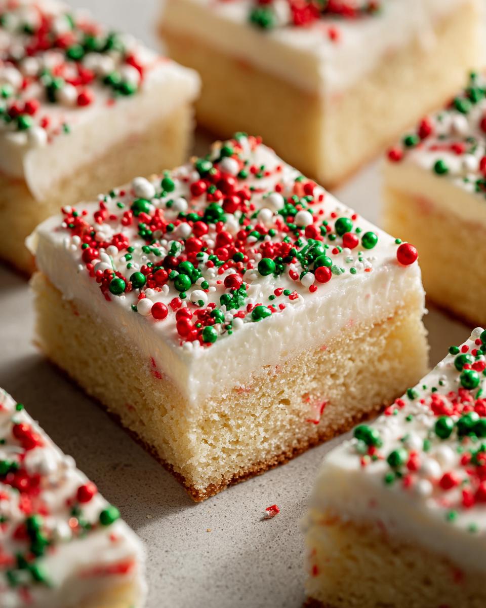 A close-up of a square Christmas sugar cookie bars slice topped with white frosting and red, green, and white sprinkles.