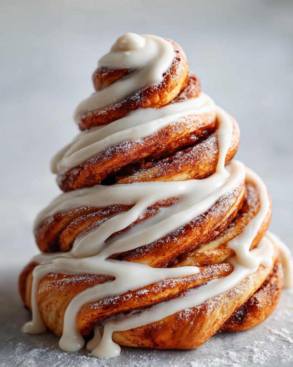 A close-up of a single, tall, stacked pastry shaped like a Christmas tree cinnamon rolls, generously drizzled with white icing.