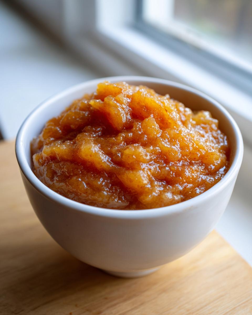 Close-up of chunky, spiced applesauce served in a small white bowl on a wooden surface.