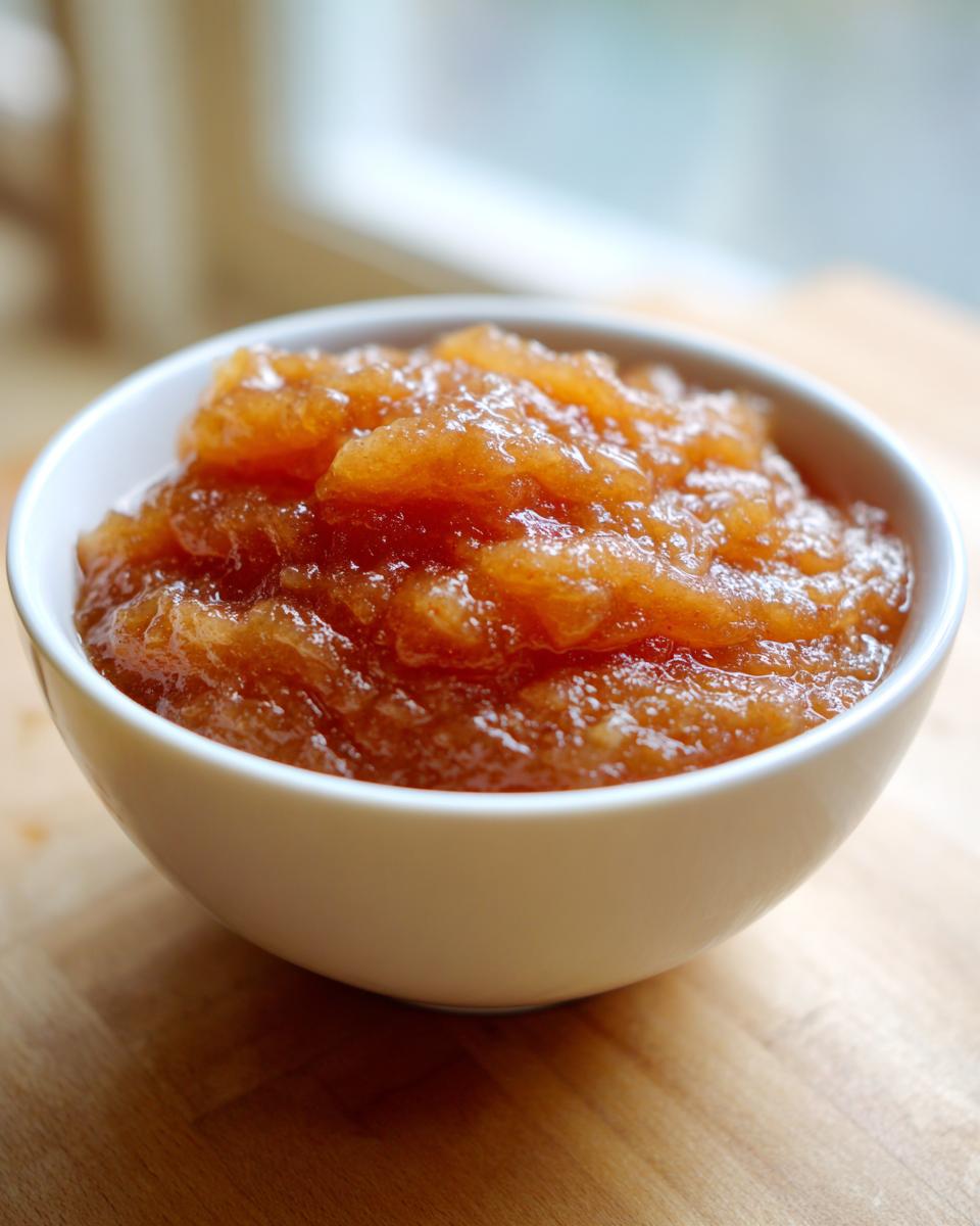 Close-up of a white bowl filled with chunky, homemade applesauce, set on a light wooden cutting board.