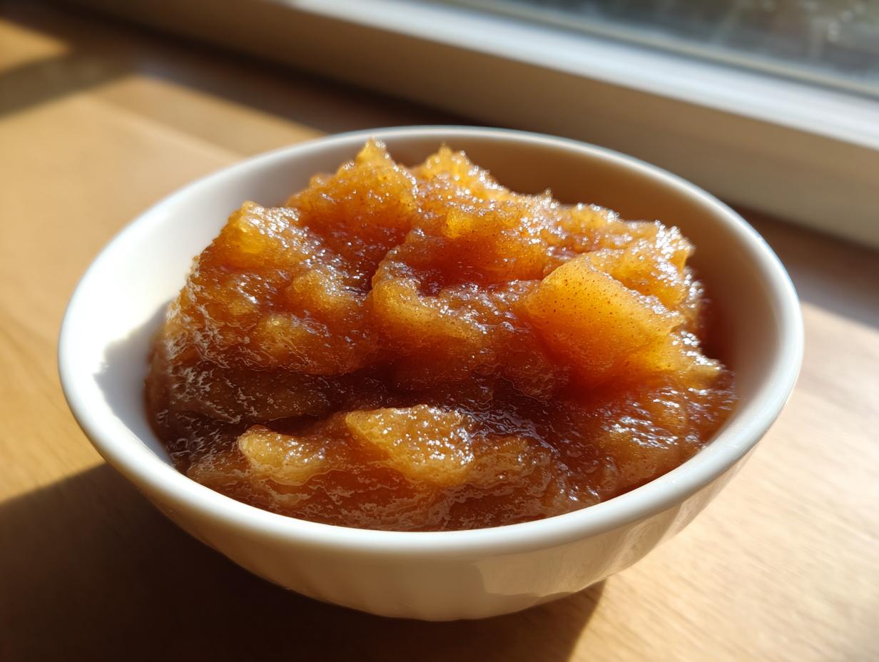 Close-up of chunky, spiced homemade applesauce served in a small white bowl.