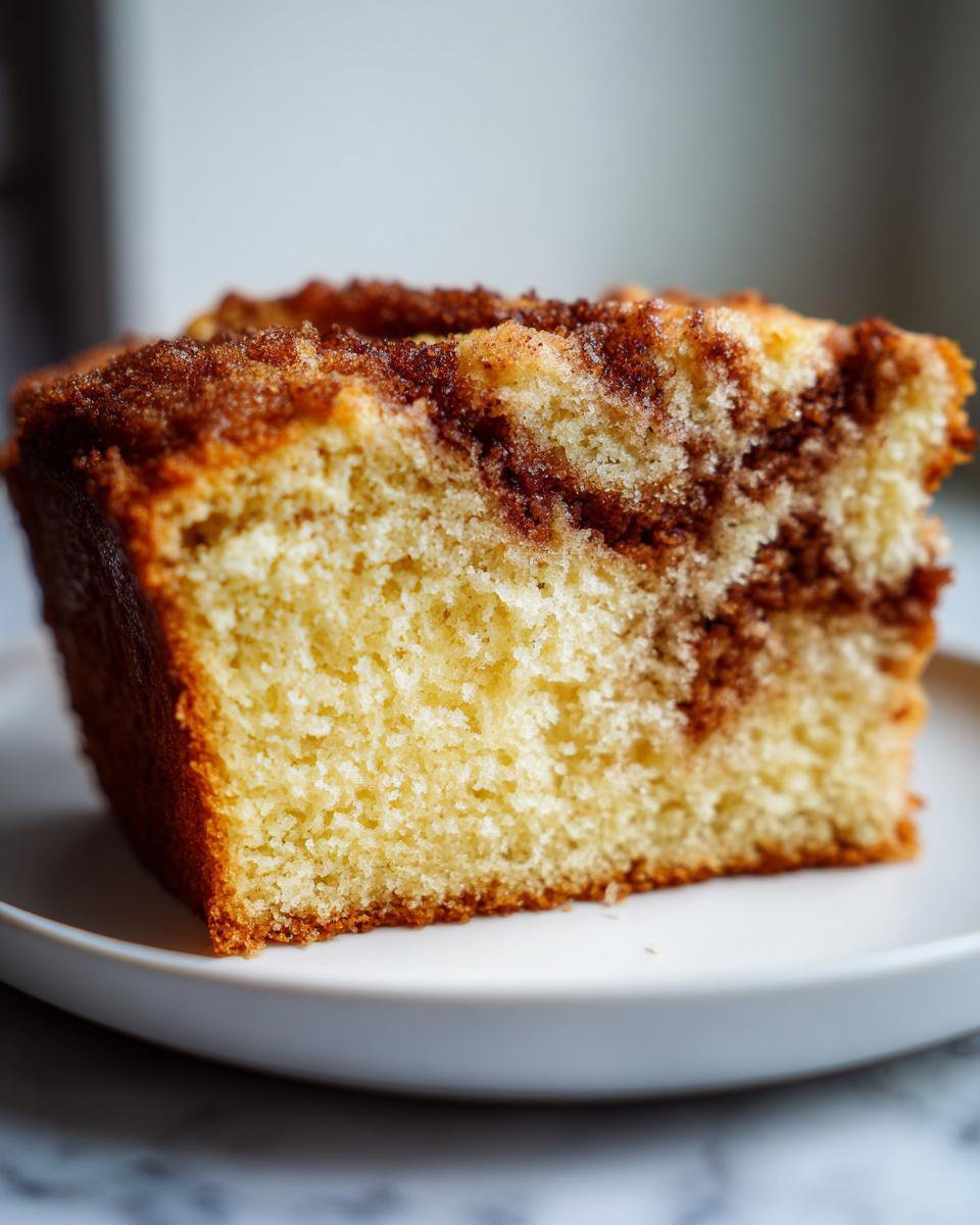 Close-up of a moist slice of cinnamon bread showing a beautiful swirl of cinnamon filling and crumb topping.
