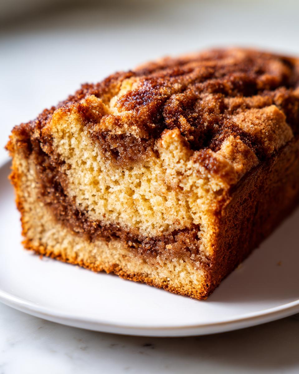 A close-up of a freshly baked slice of cinnamon bread showing the moist crumb and rich cinnamon swirl layer.