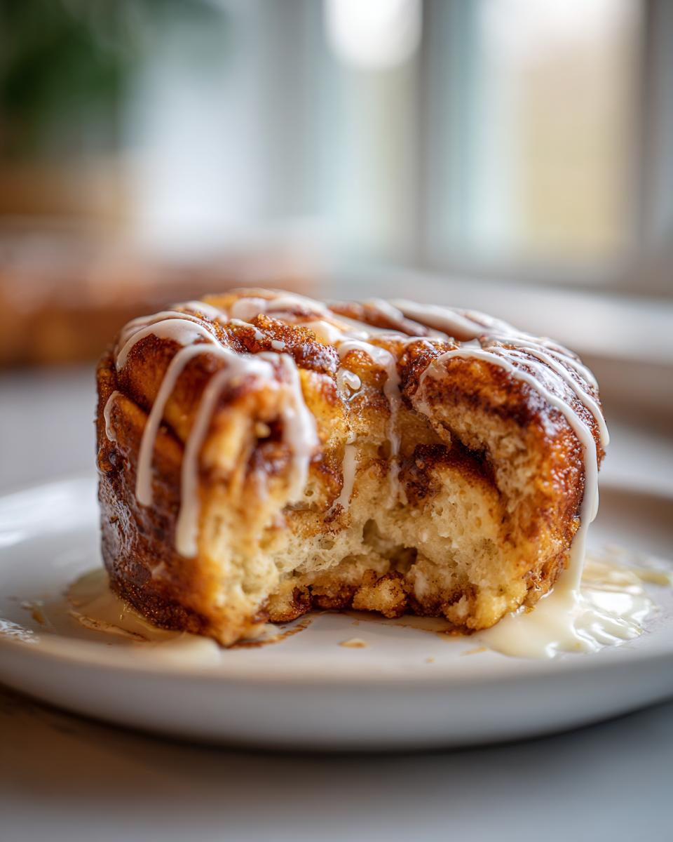 Close-up of a single serving of cinnamon roll french toast with a bite taken out, drizzled with white icing.
