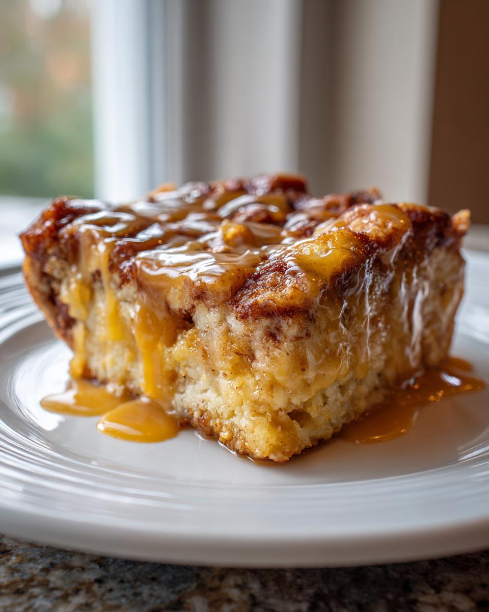 A square serving of cinnamon roll french toast drenched in thick caramel sauce, served on a white plate.