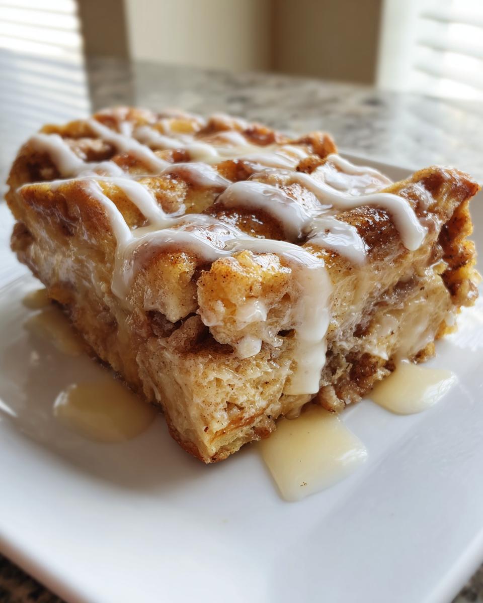 A close-up of a square serving of cinnamon roll french toast drizzled with white icing.