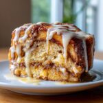 Close-up of a serving of cinnamon roll french toast, soaked and topped with thick white icing drizzle.