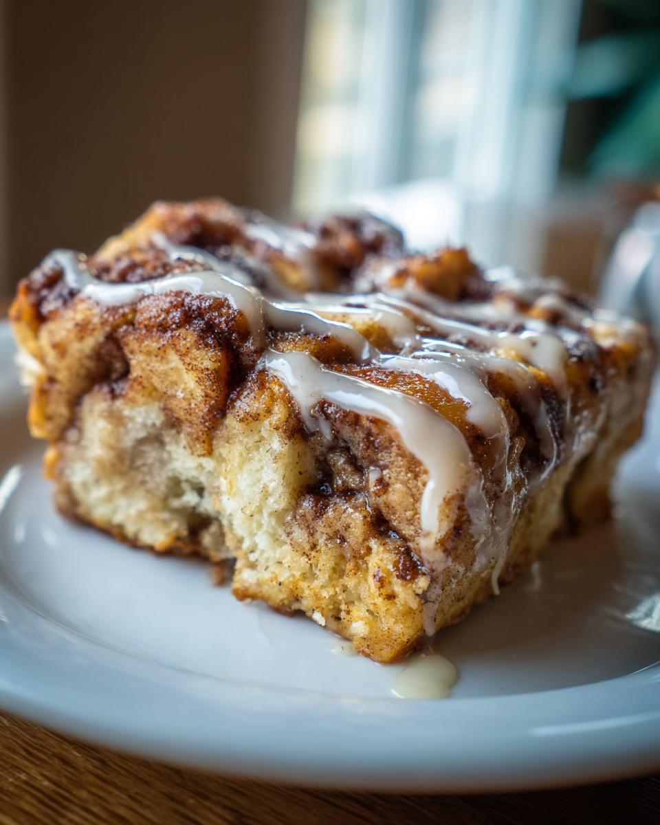 A close-up of a serving of cinnamon roll french toast topped with sweet white icing.