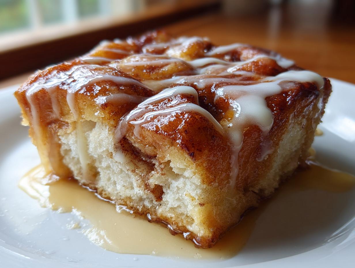 A close-up of a square serving of cinnamon roll french toast, drizzled with white icing and syrup.