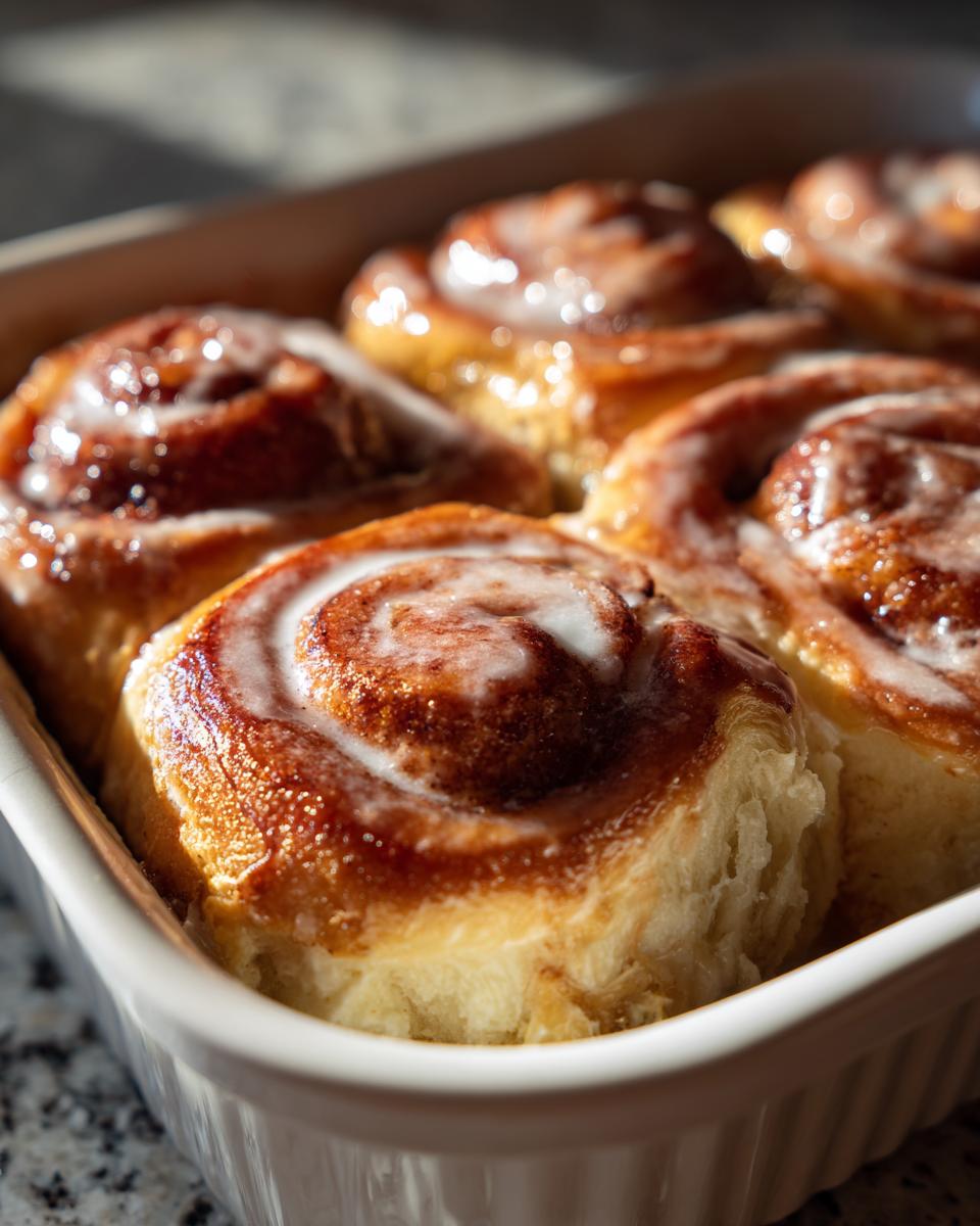 Close-up of fluffy cinnamon rolls with heavy cream glaze baked together in a white dish.