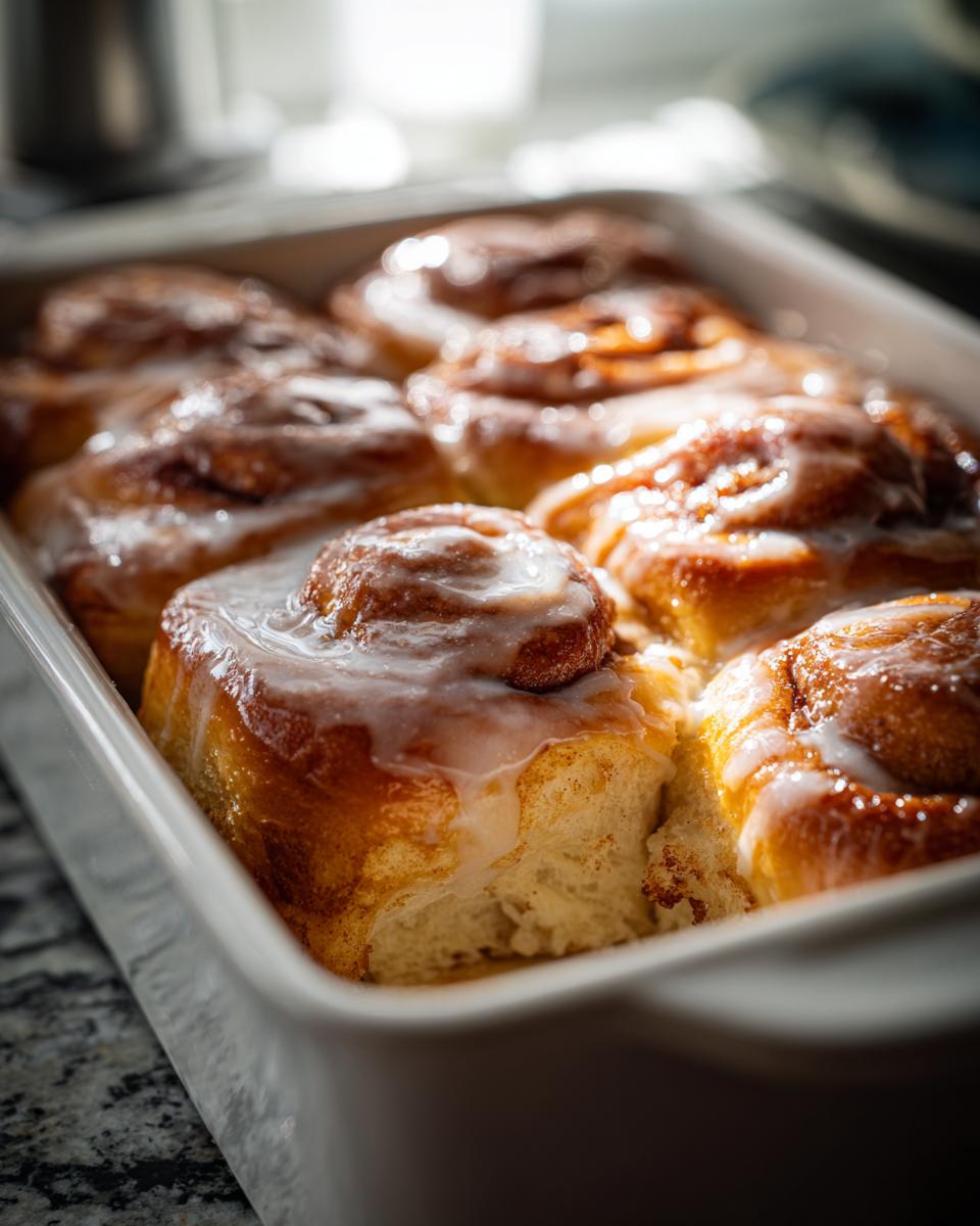 Close-up of gooey, freshly baked cinnamon rolls with heavy cream icing in a white baking dish.