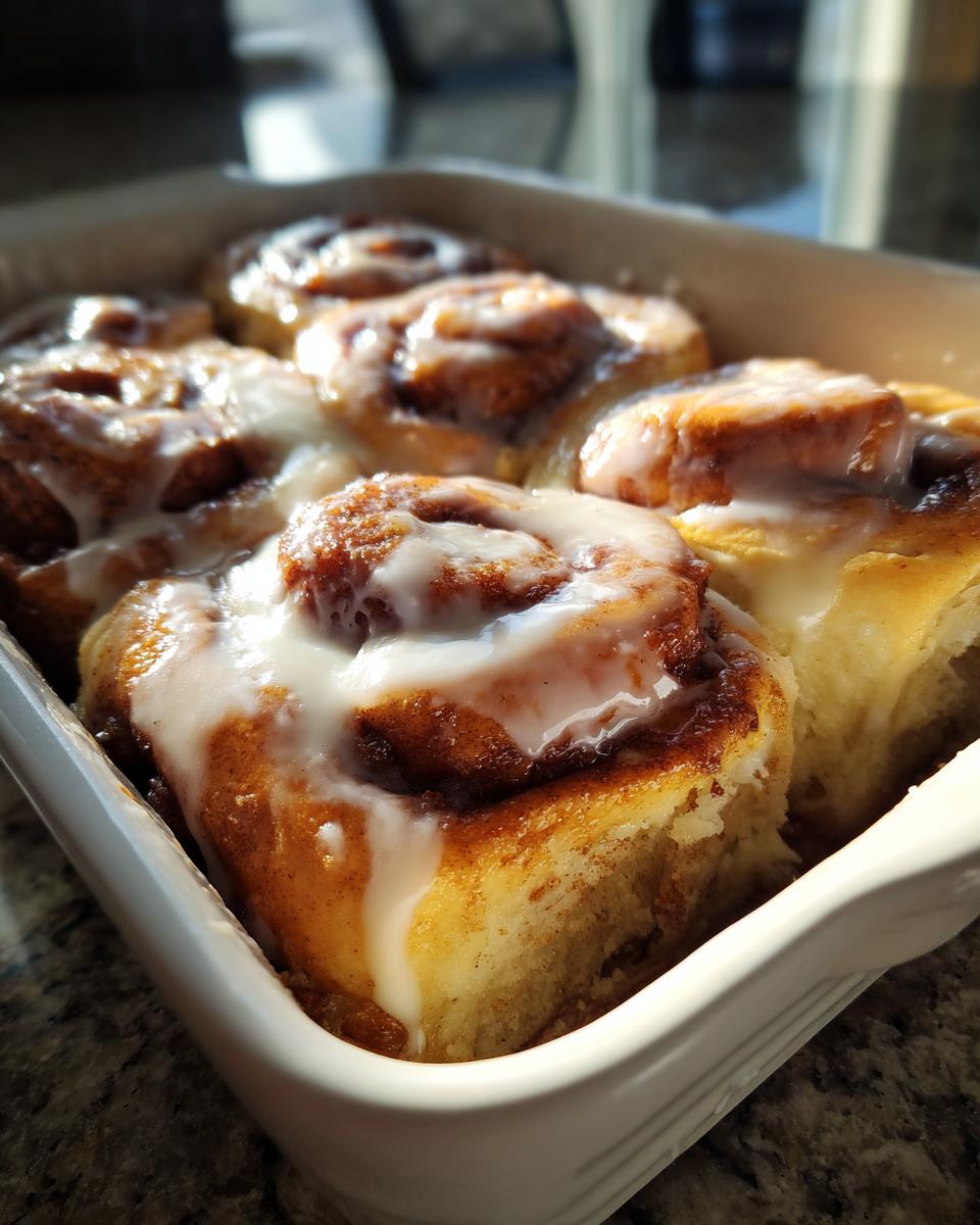 Close-up of warm, freshly baked cinnamon rolls with heavy cream glaze in a white baking dish.