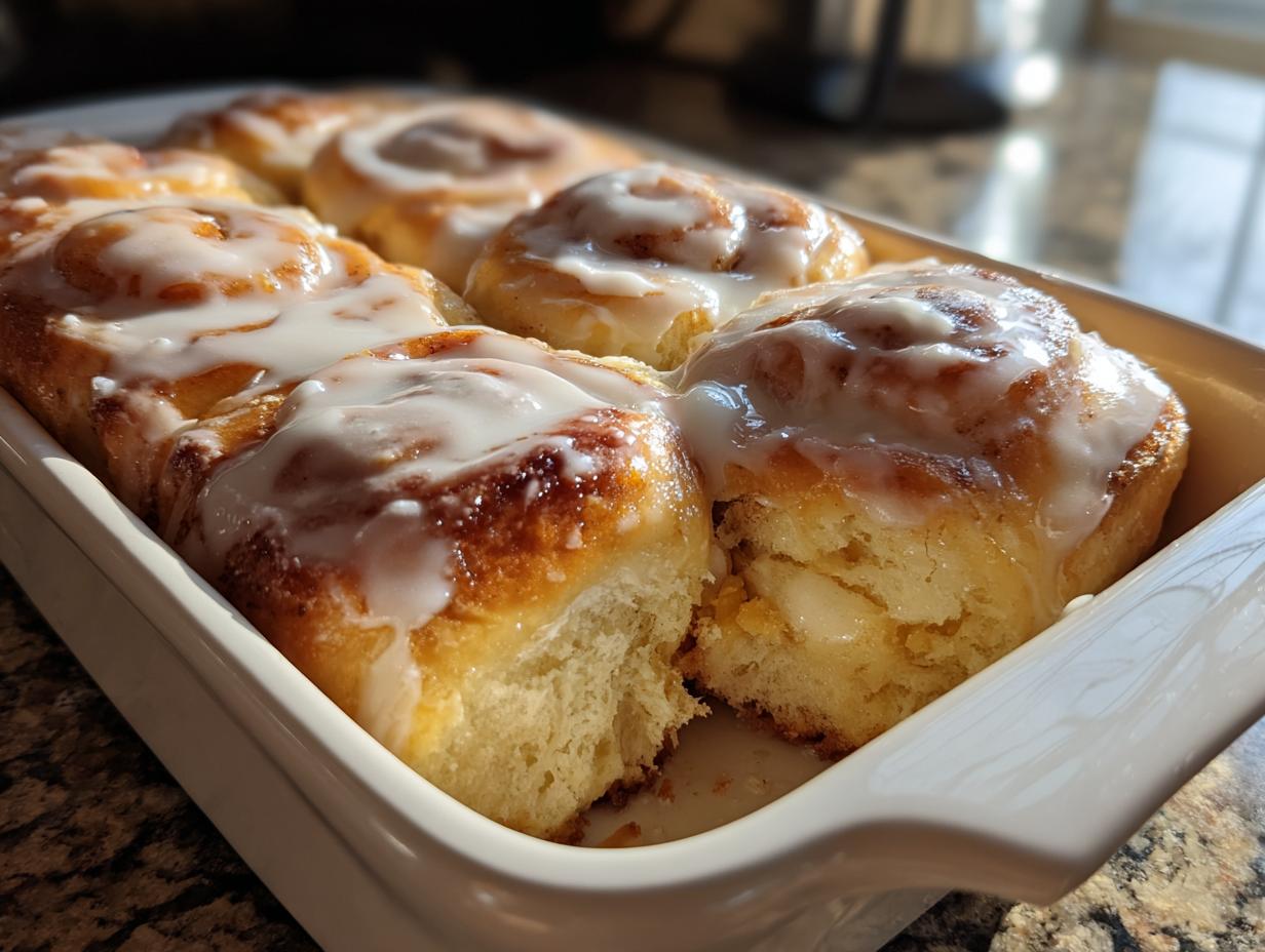 A close-up of warm, freshly baked cinnamon rolls with heavy cream glaze in a white baking dish.