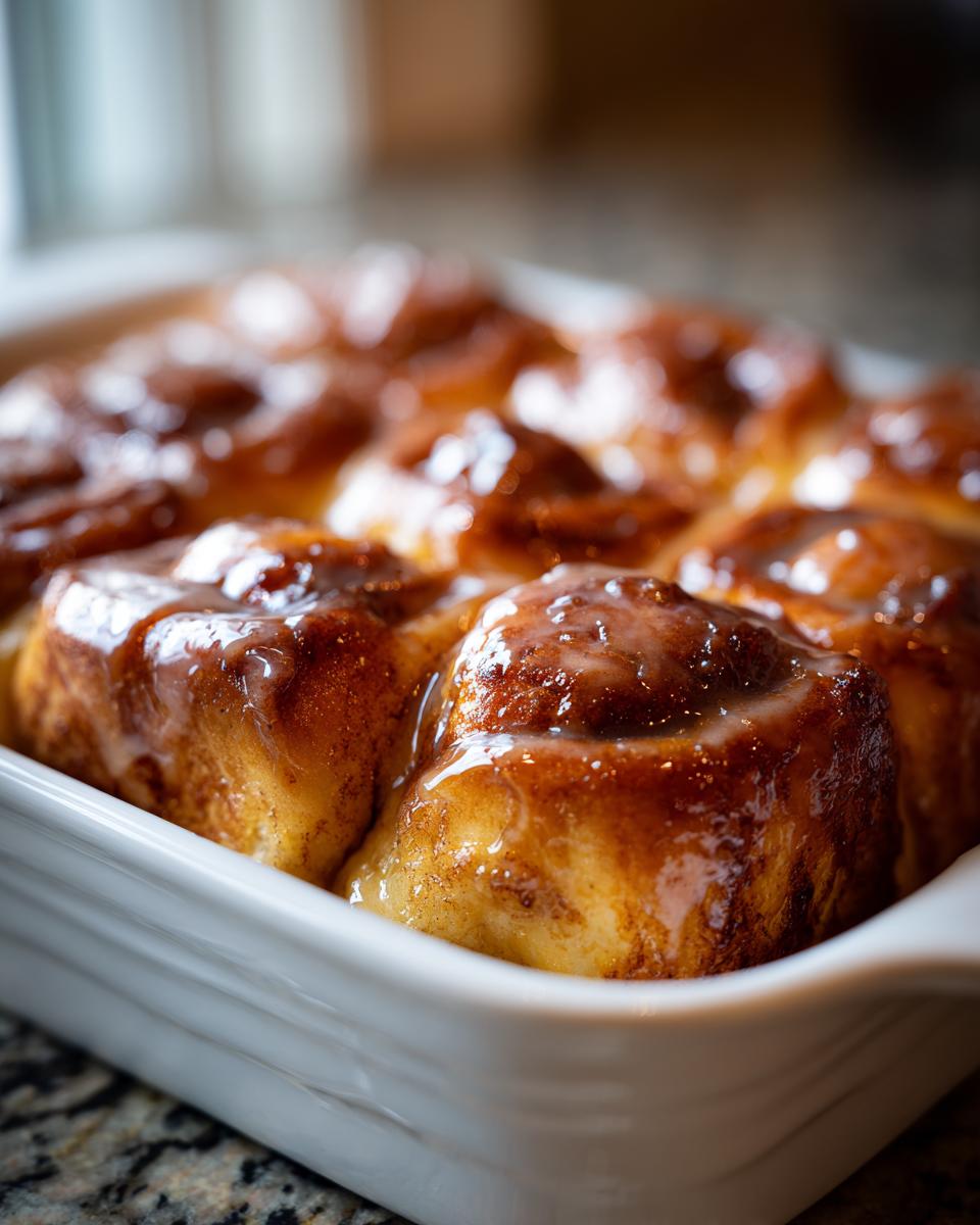 Close-up of gooey, freshly baked cinnamon rolls with heavy cream glaze in a white baking dish.