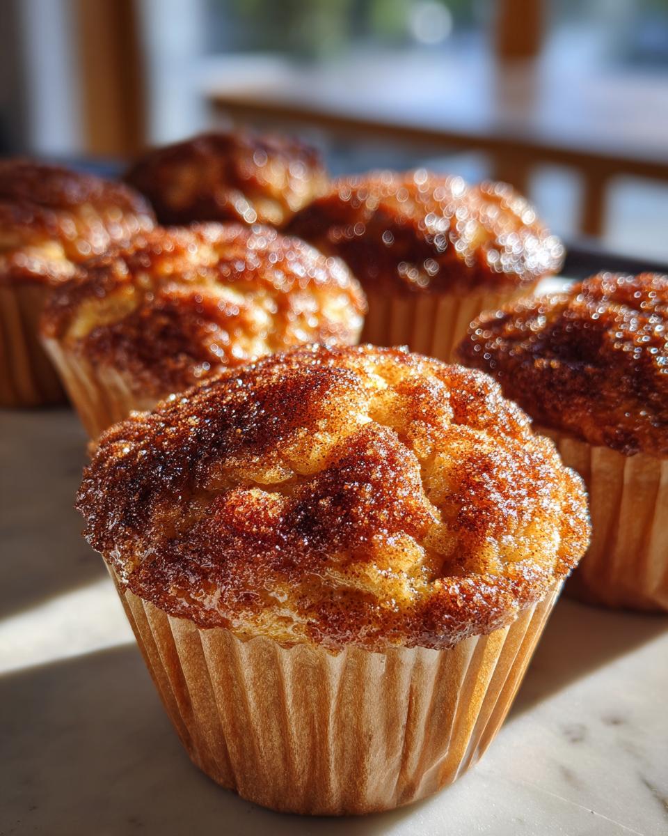 A close-up of a freshly baked french toast muffins topped with sparkling cinnamon sugar, sitting on a marble surface.