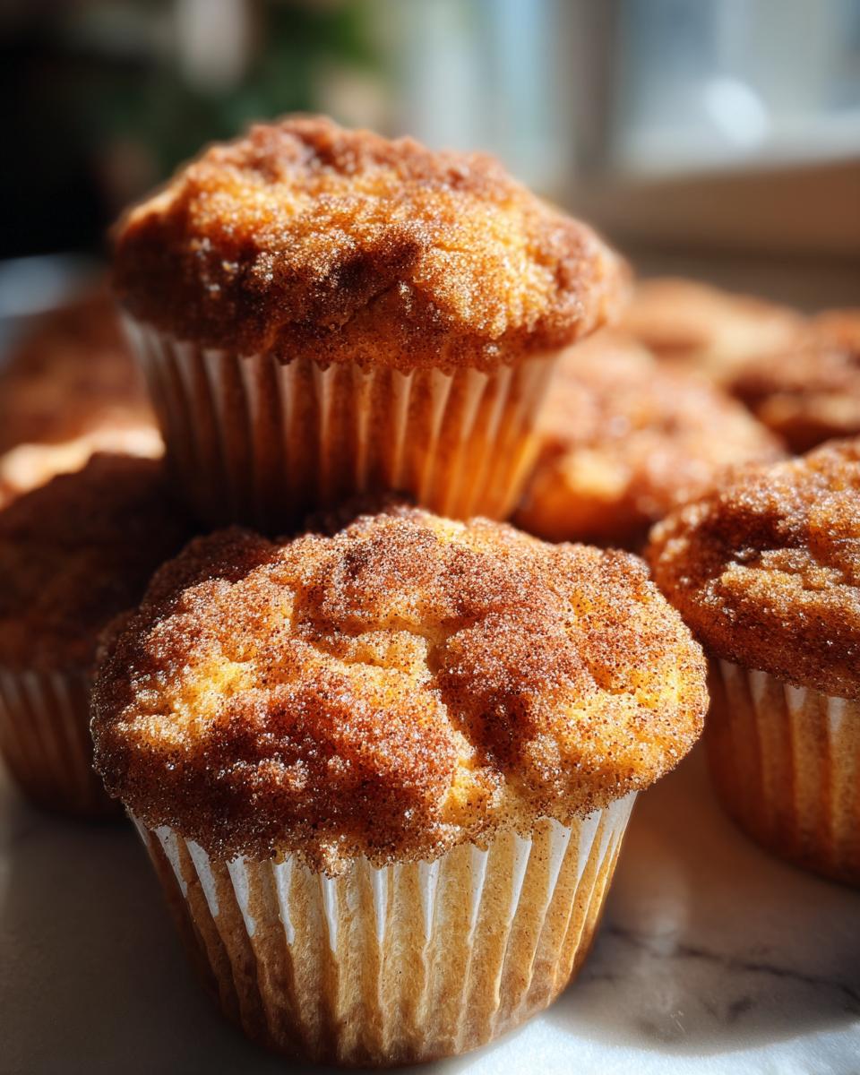 A close-up, sunlit photo featuring several golden french toast muffins topped with a generous cinnamon sugar crust.