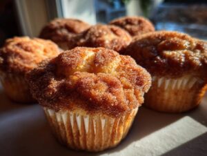 A close-up shot of several freshly baked french toast muffins topped generously with cinnamon sugar.