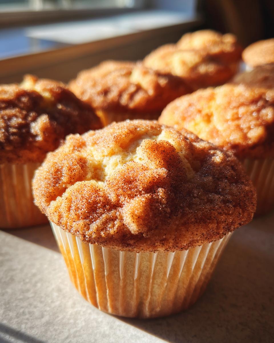 A close-up shot of a freshly baked french toast muffins topped with cinnamon sugar, sitting in a paper liner.