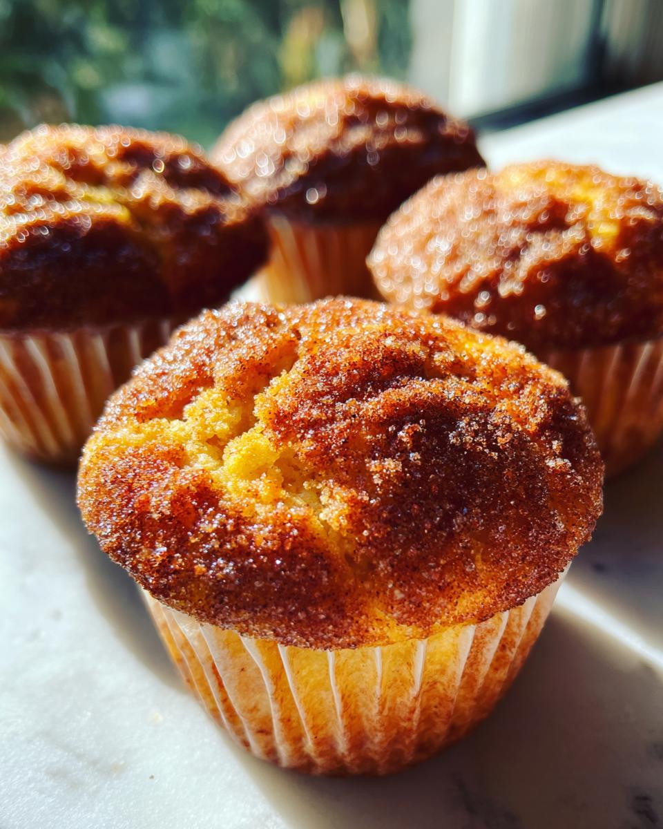 A close-up of four golden french toast muffins topped with sparkling cinnamon sugar mixture.