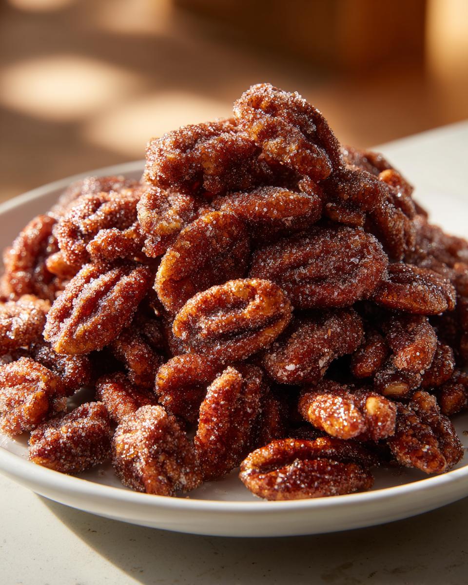 A close-up mound of glistening, candied cinnamon sugar pecans piled high on a white plate.