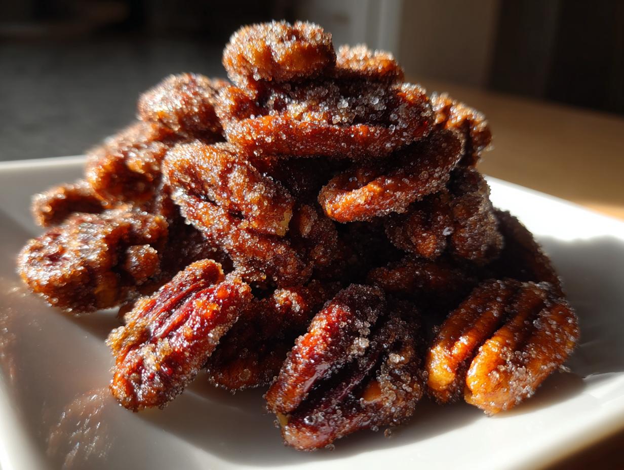 A close-up, sunlit pile of glossy cinnamon sugar pecans coated heavily with sparkling sugar crystals.