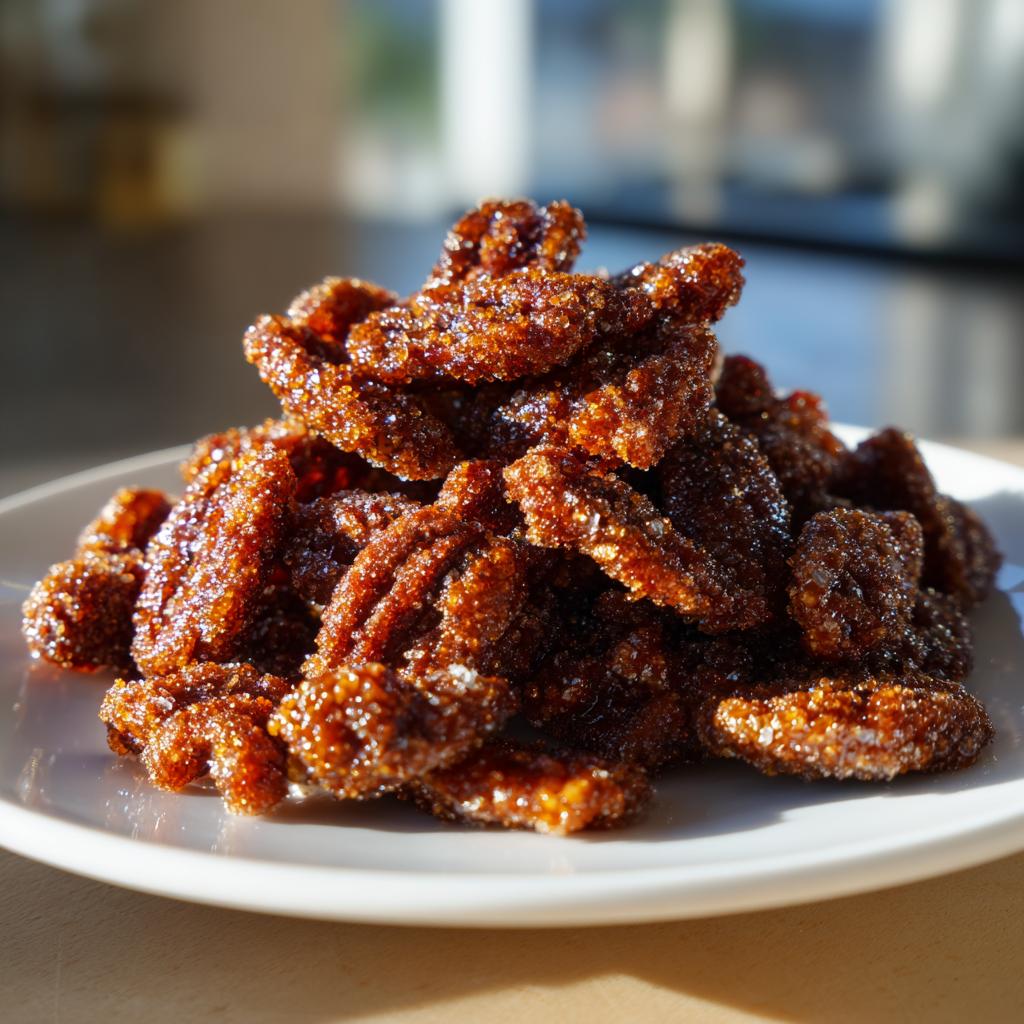 A mound of glistening, candied cinnamon sugar pecans piled high on a white plate, catching the sunlight.