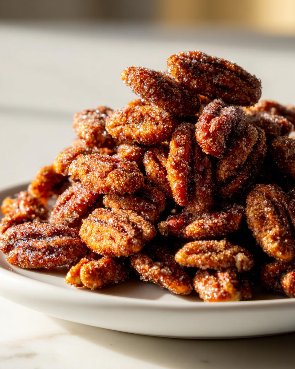 Close-up of a mound of freshly made cinnamon sugar pecans, glistening with sugar crystals, piled on a white dish.