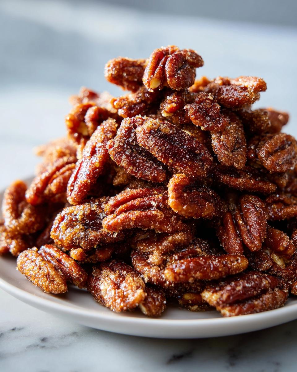 A close-up shot of a mound of glistening cinnamon sugar pecans piled high on a small white plate.