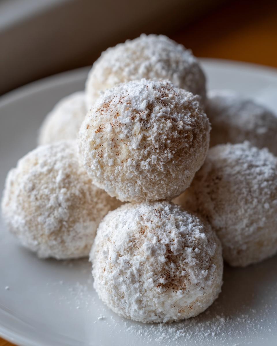 A stack of freshly made cinnamon sugar snowball cookies heavily dusted with powdered sugar on a white plate.