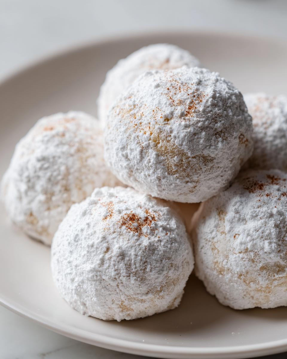 A stack of freshly made cinnamon sugar snowball cookies heavily coated in powdered sugar, resting on a light plate.
