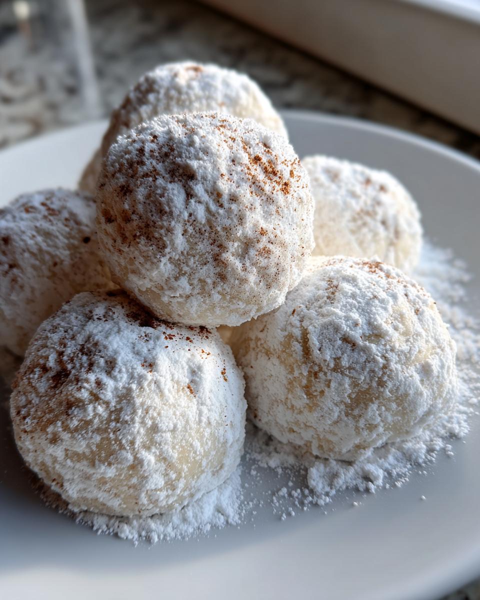 A close-up of several delicious cinnamon sugar snowball cookies heavily coated in powdered sugar on a white plate.