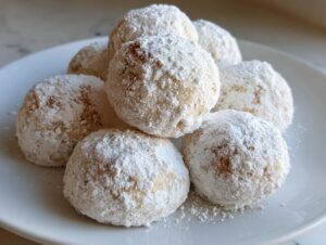 A pile of freshly baked cinnamon sugar snowball cookies heavily dusted with powdered sugar on a white plate.