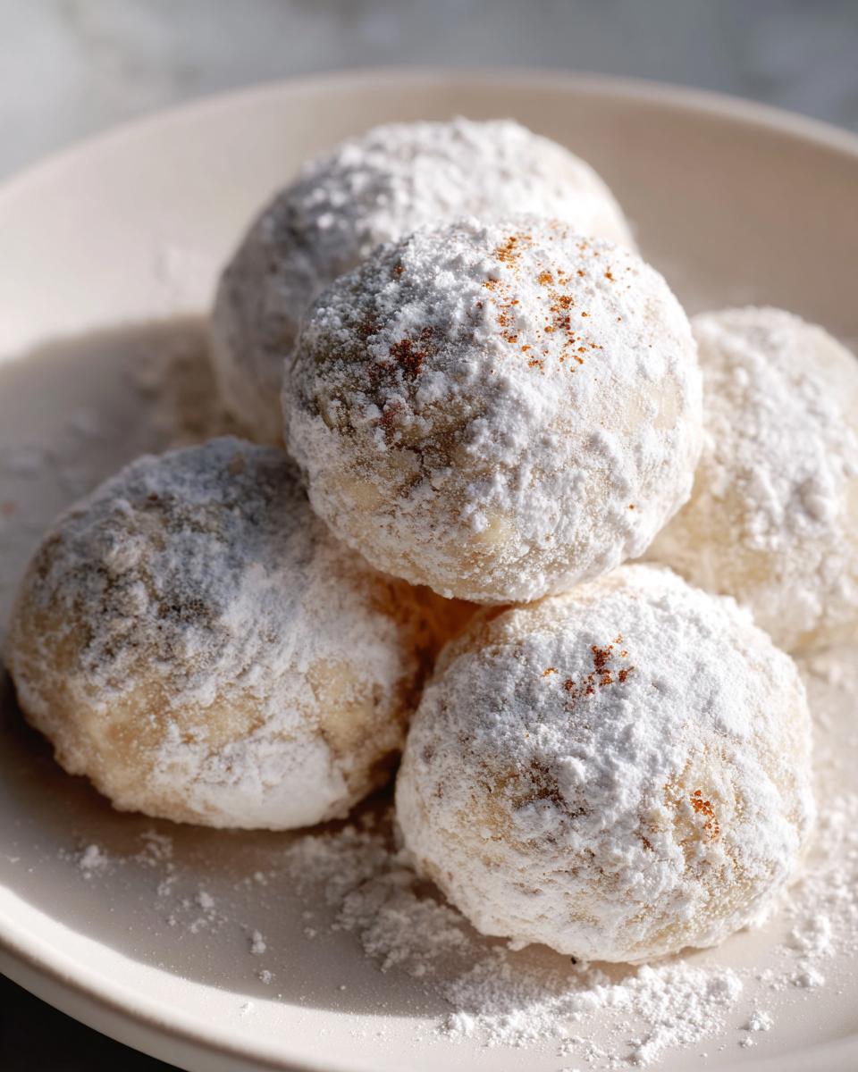 Close-up of several delicious cinnamon sugar snowball cookies heavily coated in white powdered sugar on a light plate.