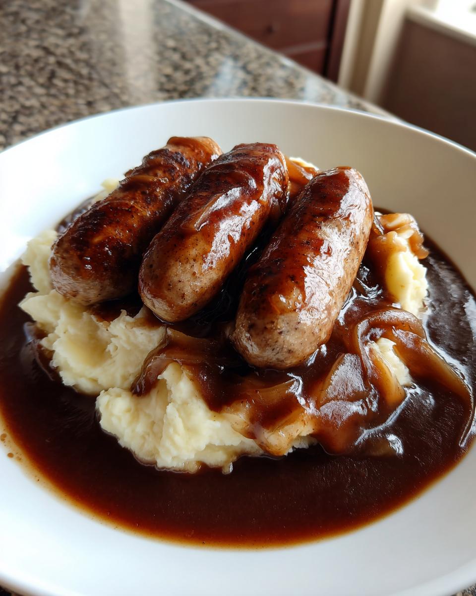 Three browned sausages served over creamy mashed potatoes, covered in rich onion gravy, making up a plate of bangers and mash.