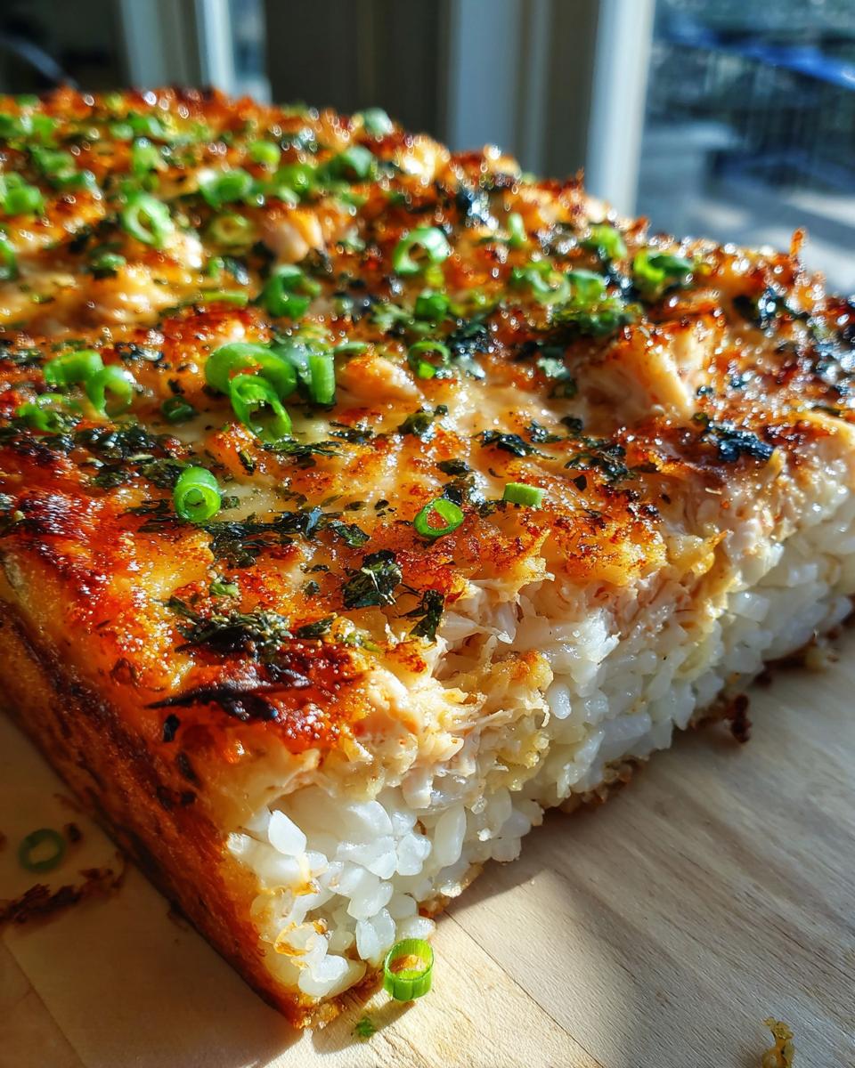 A close-up, cross-section view of a freshly baked sushi bake showing the layers of white rice and a golden-brown, savory topping garnished with green onions.