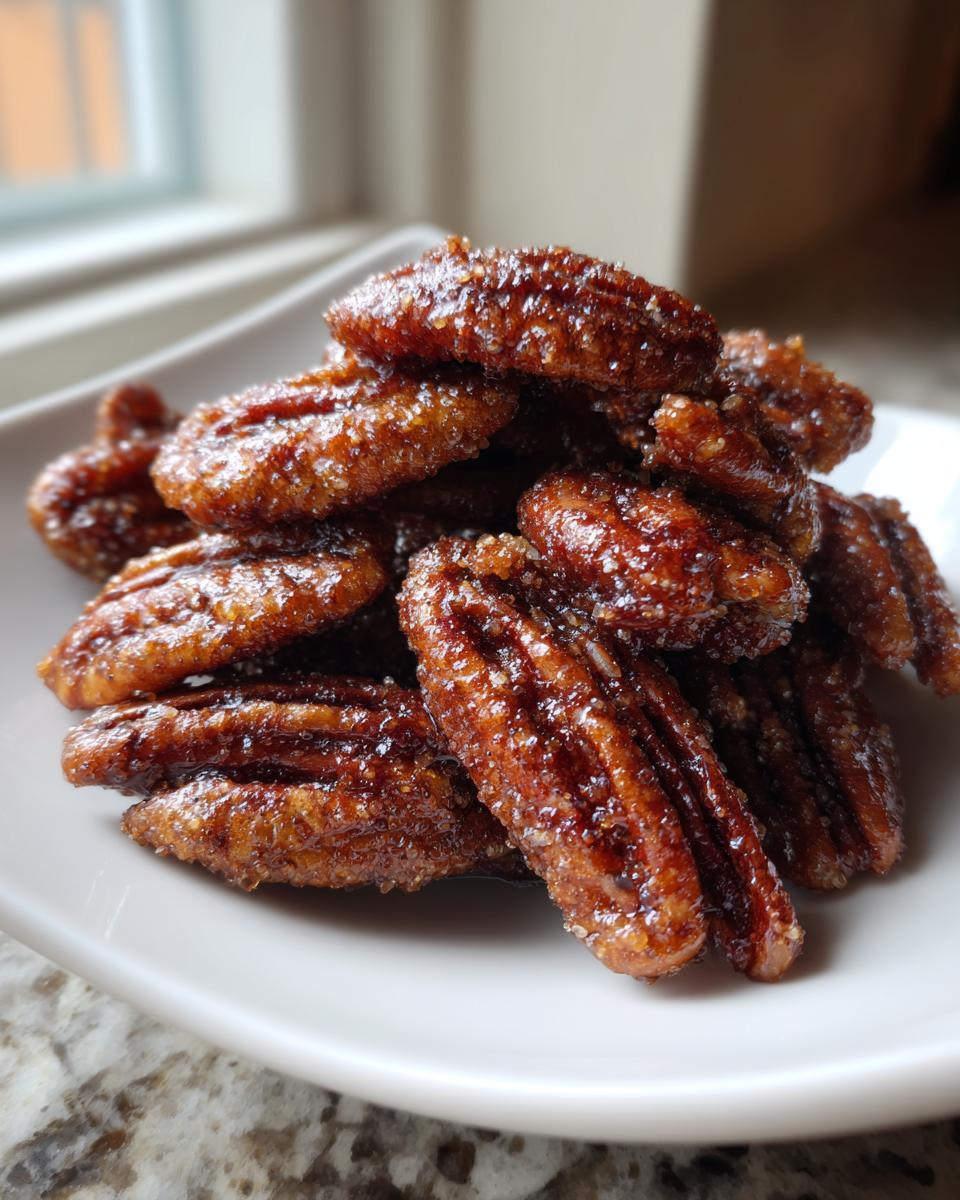 A close-up stack of shiny, dark brown candied pecans coated in sugar crystals, resting on a white dish.
