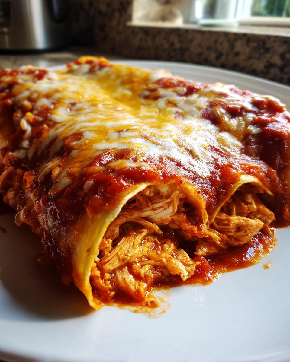 A close-up of two easy chicken enchiladas smothered in red sauce and melted cheese, showing shredded chicken filling.