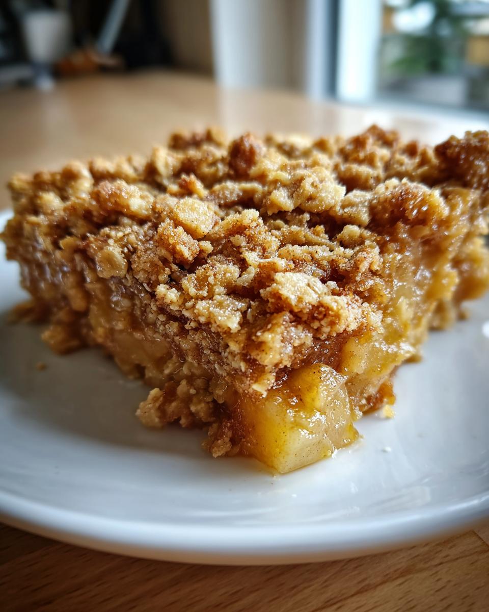 A close-up shot of a square serving of warm pear crisp with a thick, crumbly topping on a white plate.
