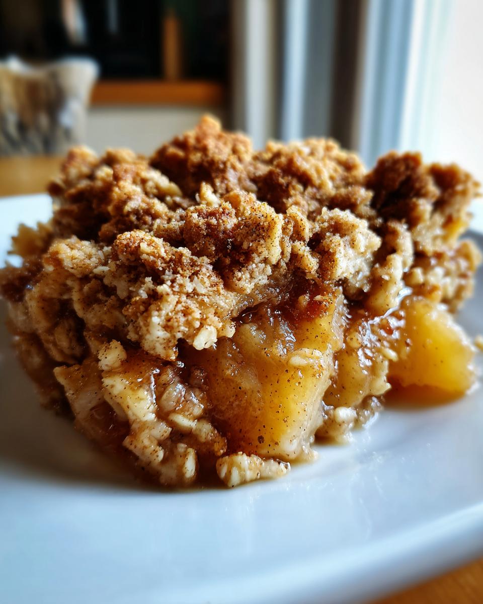 A close-up shot of a square serving of warm pear crisp with a thick, crumbly oat topping on a white plate.