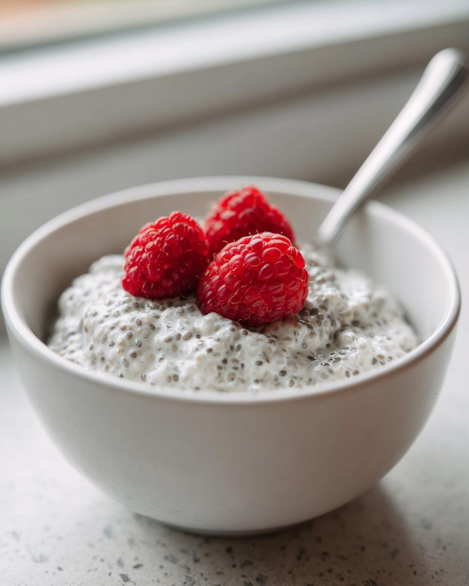 A close-up of creamy coconut chia pudding topped with three fresh raspberries in a white bowl.