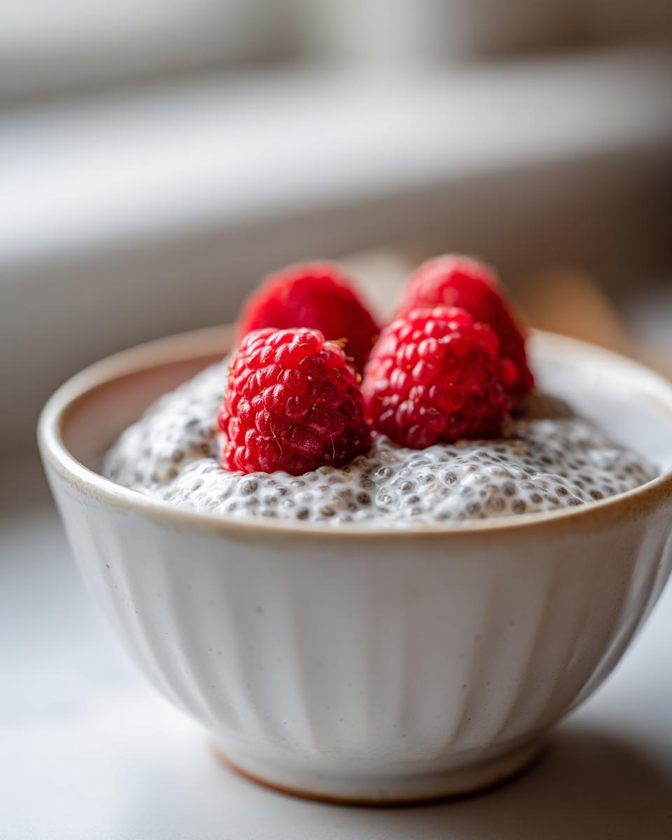 Close-up of creamy coconut chia pudding topped with fresh raspberries in a white ceramic bowl.
