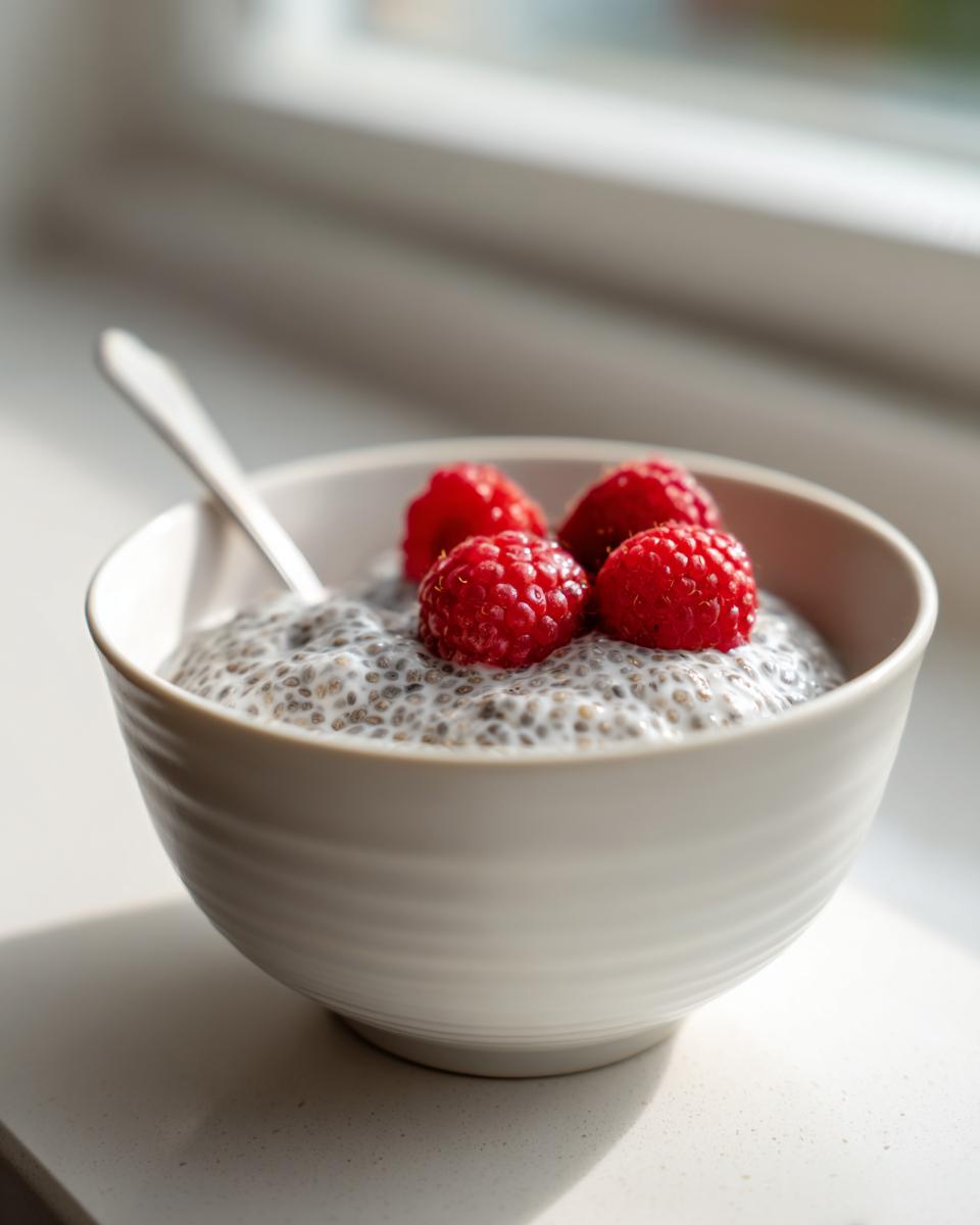 A close-up of creamy coconut chia pudding topped with four fresh raspberries in a white bowl.