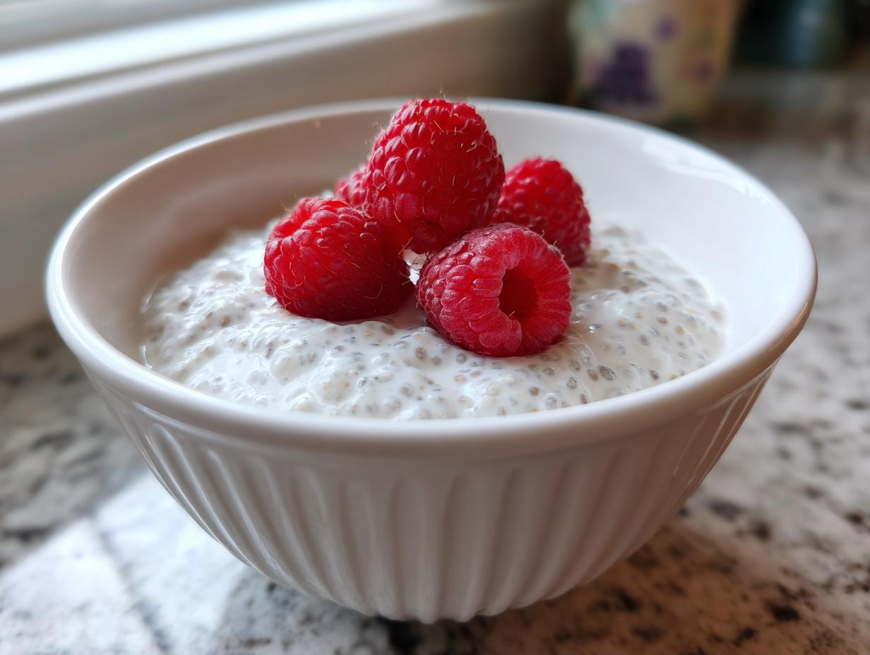 Close-up of creamy coconut chia pudding topped with four bright red fresh raspberries in a white bowl.