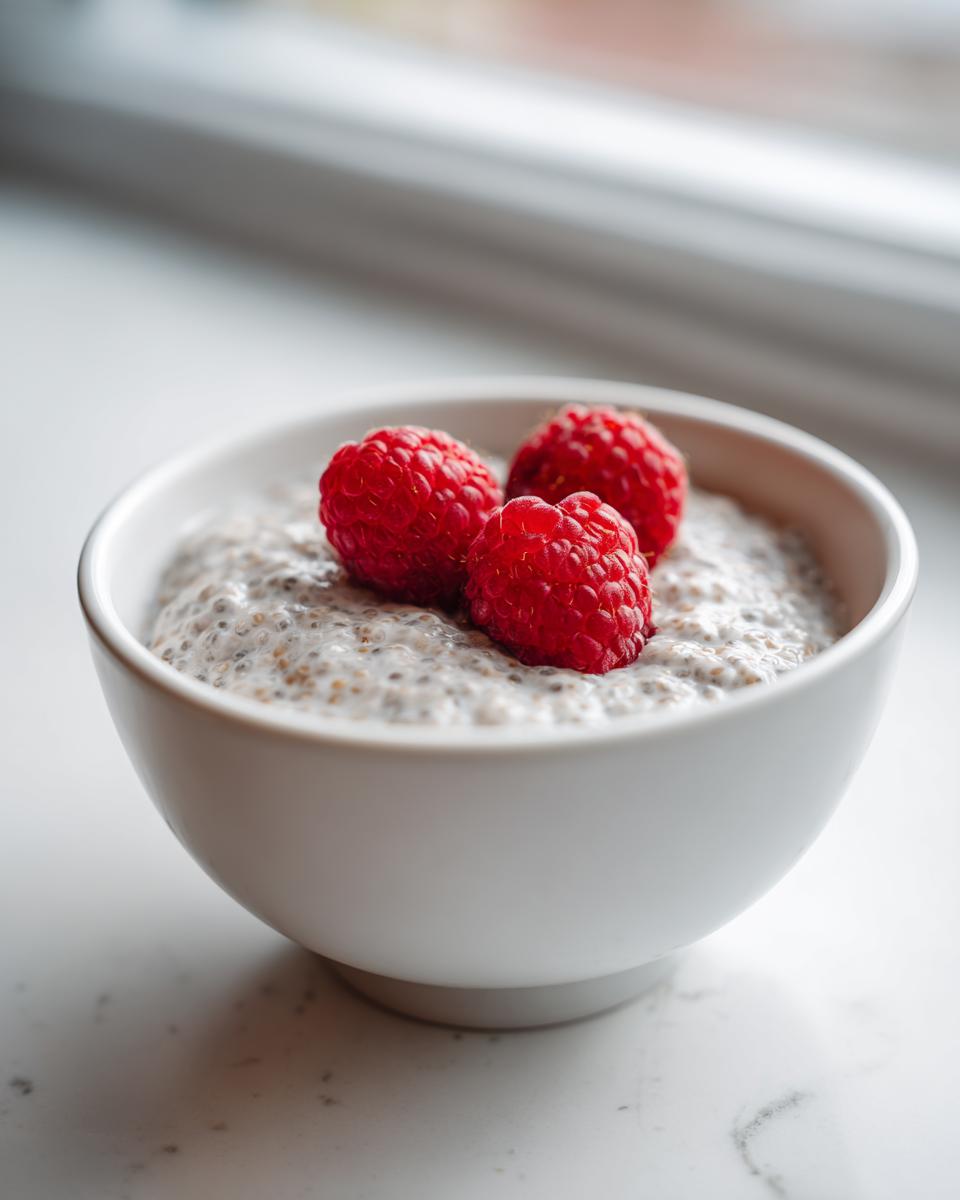 Close-up of creamy coconut chia pudding topped with three bright red raspberries in a white bowl.