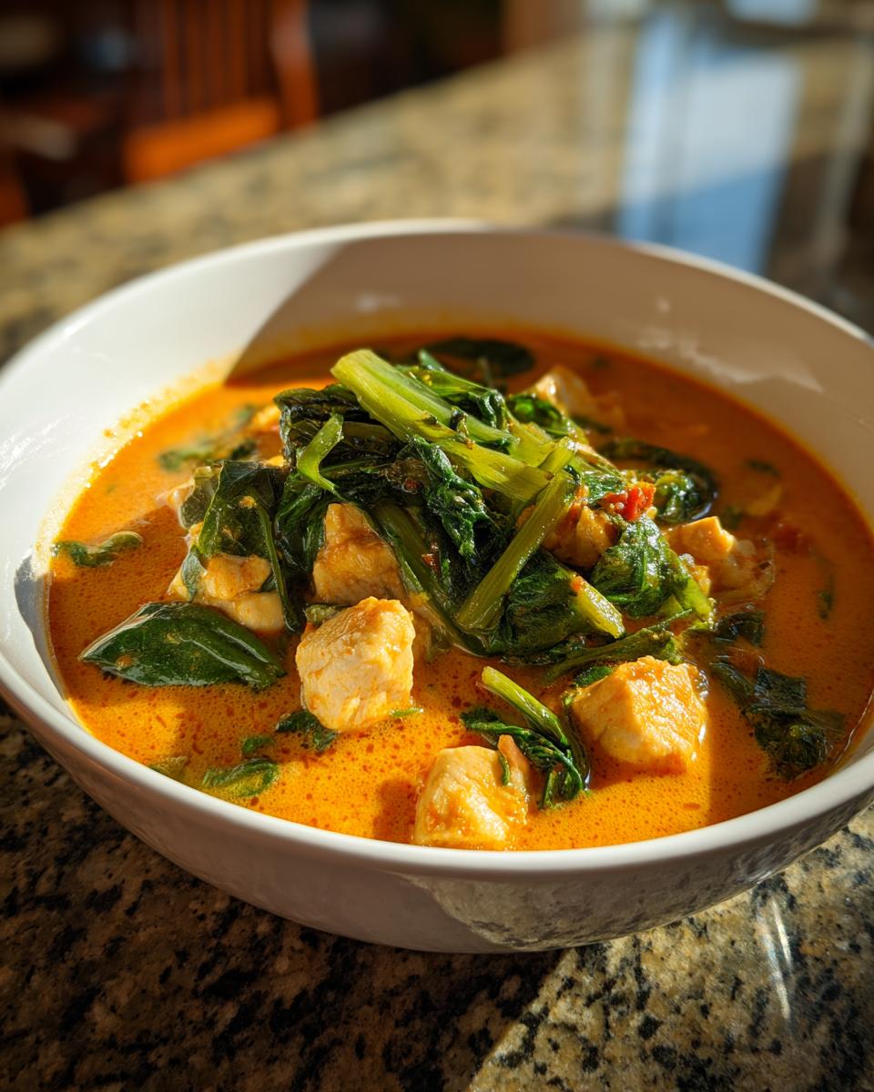 Close-up of a white bowl filled with vibrant orange coconut curry soup, featuring chunks of chicken and topped with wilted green vegetables.