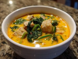 A white bowl filled with vibrant yellow coconut curry soup, featuring chunks of protein and wilted spinach.