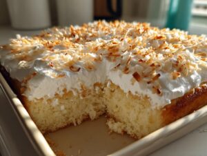Close-up of a square slice of coconut poke cake topped with thick white frosting and toasted coconut flakes.